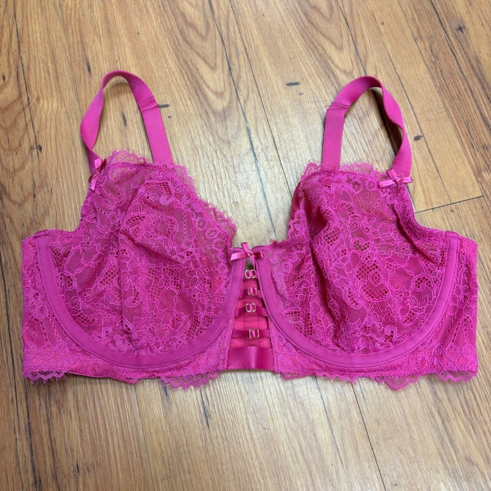 Cacique Magenta Pink Floral Lace Unlined Balconette Bra 42DD Gold Hardware